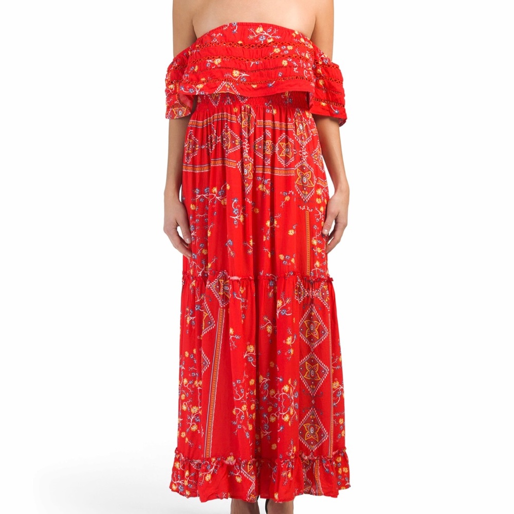 Red Floral Off The Shoulder Boho Maxi Dress